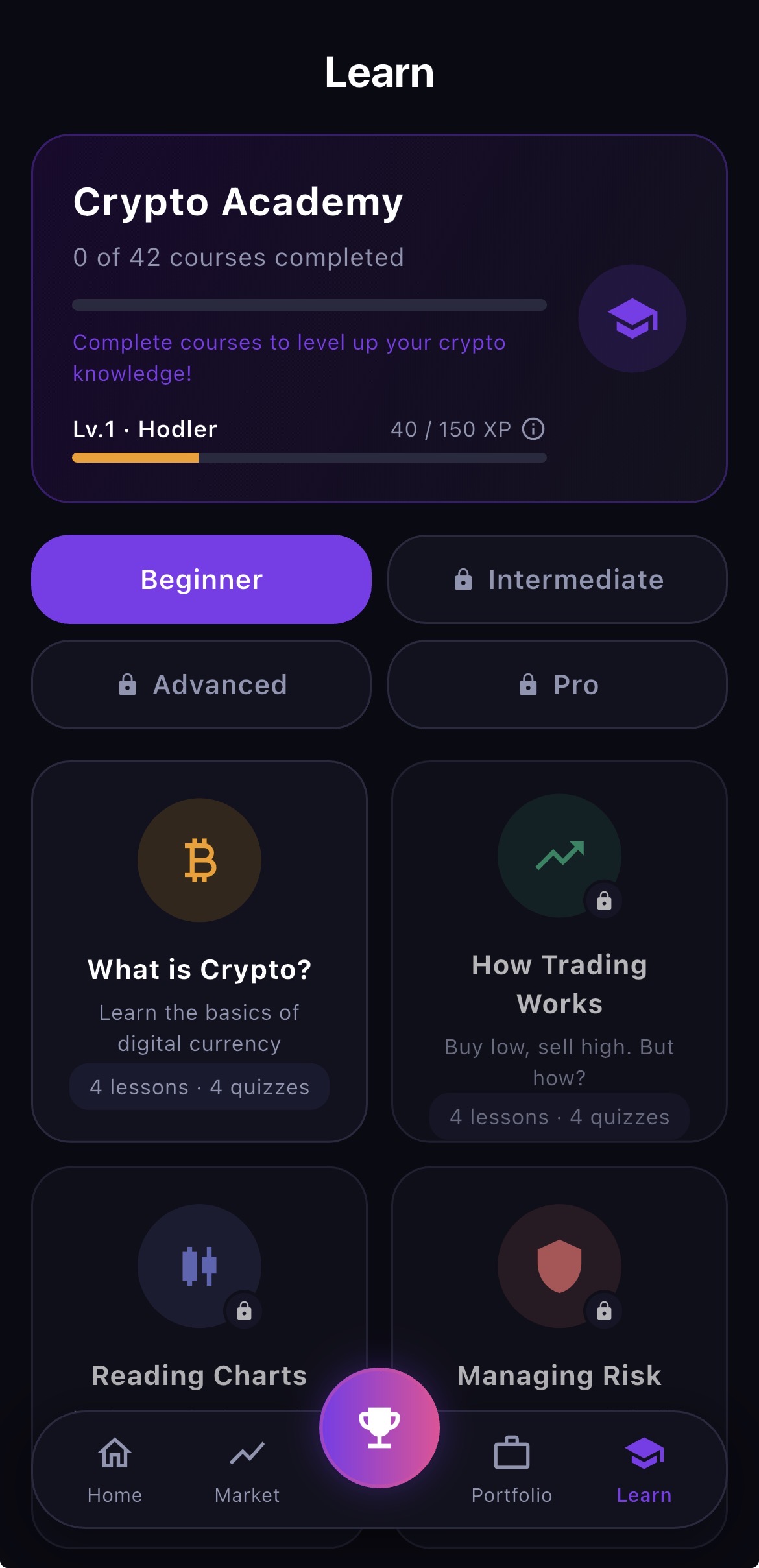 Learn screen showing 42 courses