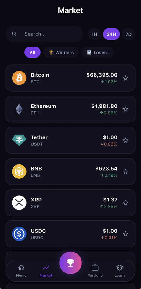 Market screen showing live crypto prices